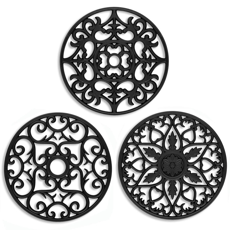 [Australia - AusPower] - ME.FAN 3 Set Silicone Multi-Use Intricately Carved Trivet Mat - Insulated Flexible Durable Non Slip Coasters (Black) Black 