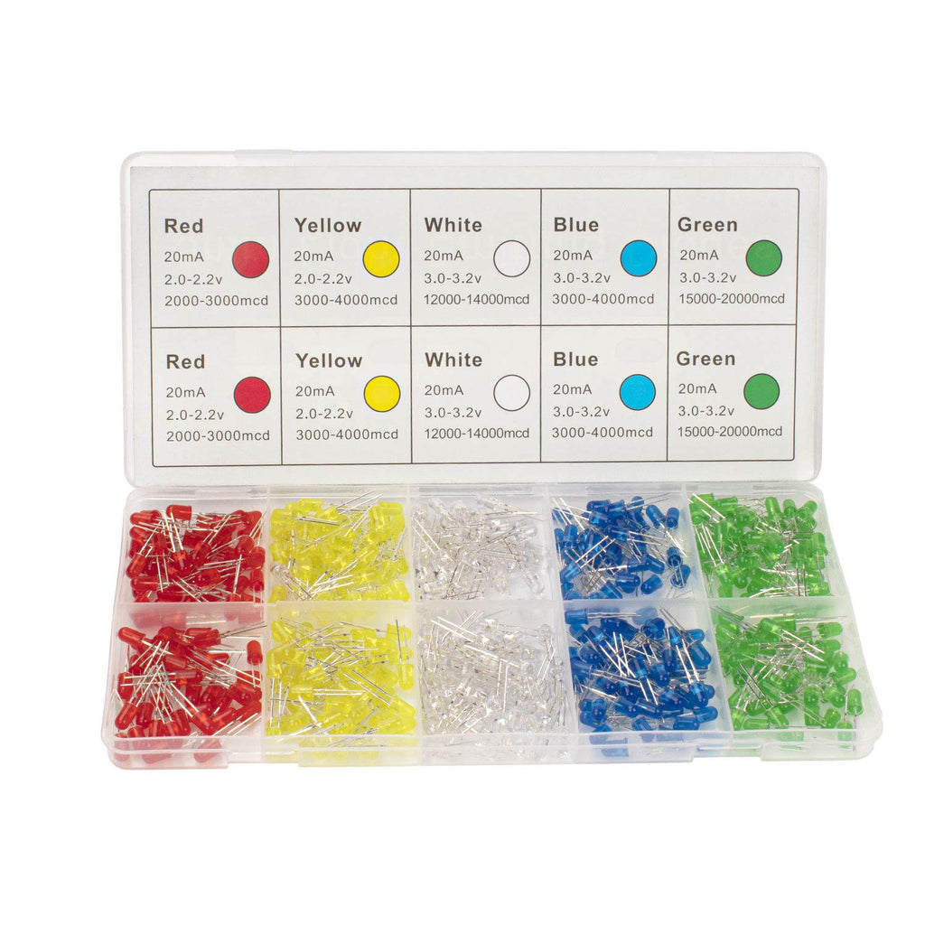 [Australia - AusPower] - DiCUNO 450pcs (5 Colors x 90pcs) 5mm LED Light Emitting Diode Round Assorted Color White/Red/Yellow/Green/Blue Kit Box 
