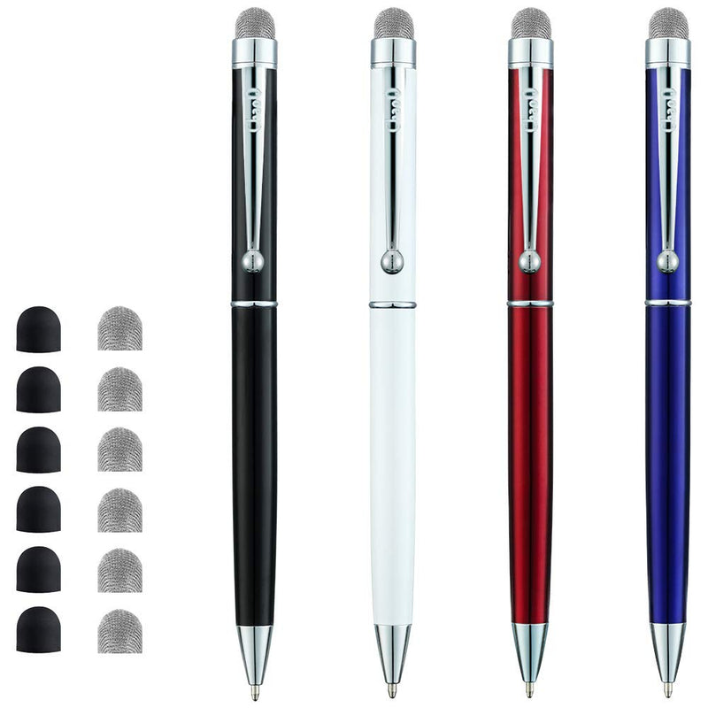 [Australia - AusPower] - ChaoQ Stylus Pen, 4 Pcs Hybrid Mesh Fiber Tip Stylus Pens and Ballpoint Pens for Touch Screen Devices with 6 Extras Mesh Fiber Tips 6 Rubber Tips (4 Pens and 12 Tips) - Black, White, Red, Blue Black, Blue, Red, White 