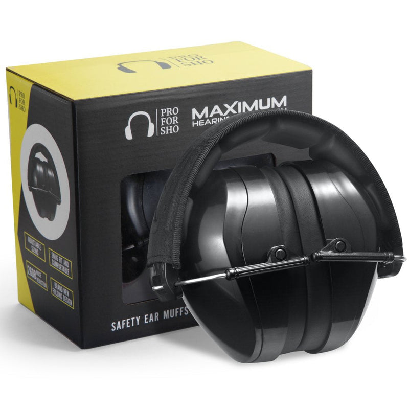 [Australia - AusPower] - Pro For Sho All Terrain Safety Ear Protection - LARGER Size Foldable Ear Muffs Much Lighter Weight & Maximum Hearing Protection, Black 