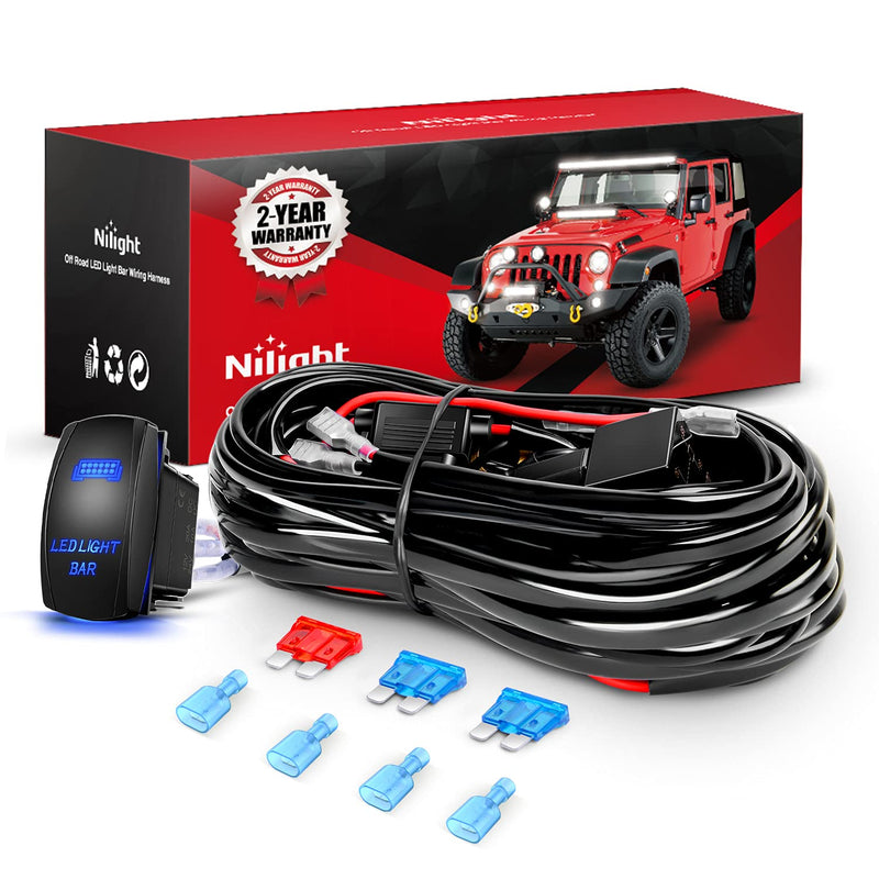 [Australia - AusPower] - Nilight 10011W 16AWG Wiring Harness Kit-2 Leads LED Light Bar 12V On/Off 5 Pin Rocker Switch Power Relay Blade Fuse for Jeep Boat Trucks, 2 Years Warranty 16AWG Wiring Harness Kit - 2 Leads 