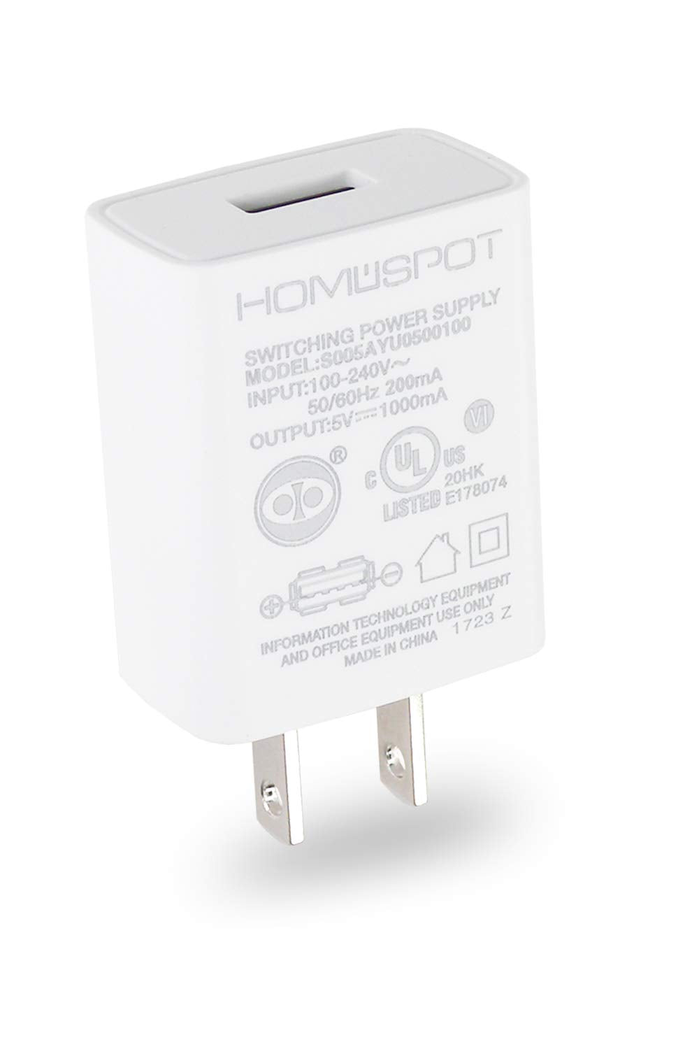 [Australia - AusPower] - HomeSpot UL Certified USB Wall Charger 5V1A Plug in-Door Power AC Adapter Travel Office Home Use - 1 Pack White 