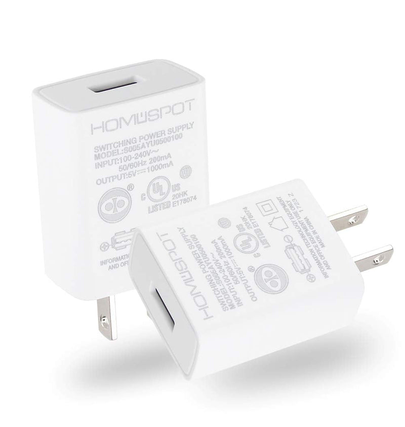 [Australia - AusPower] - UL Certified USB Wall Charger by Homespot 5V1A Plug in-Door Power AC Adapter for Travel Office Home Use - 2 Pack White 