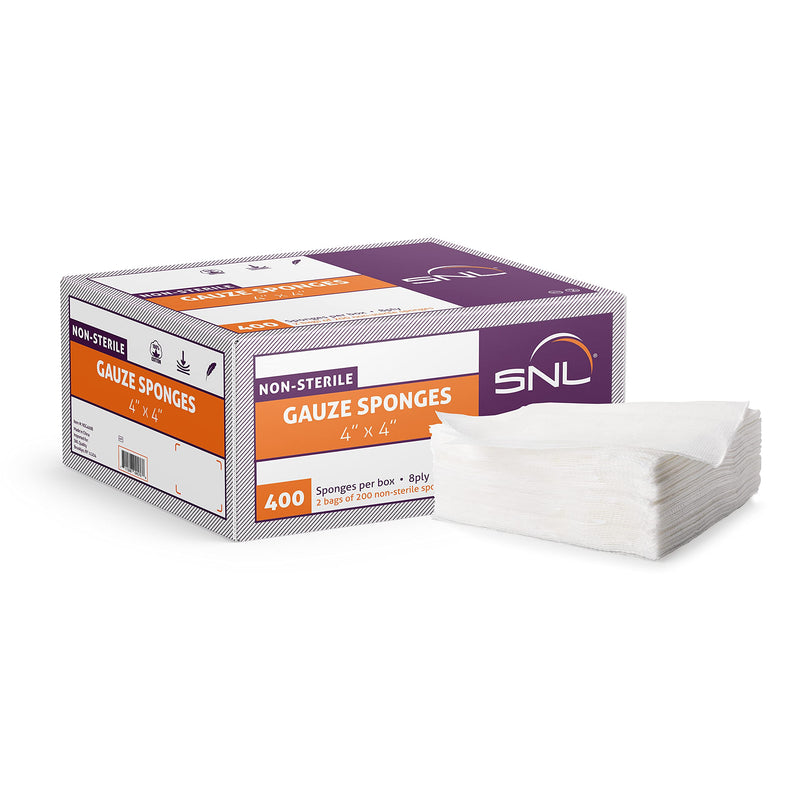 [Australia - AusPower] - SNL Quality 'Non-Sterile' Latex Free Gauze Sponge Pads - 8 Ply - 4" X 4" - Box of 400 (2X 200 Packs Inside) 