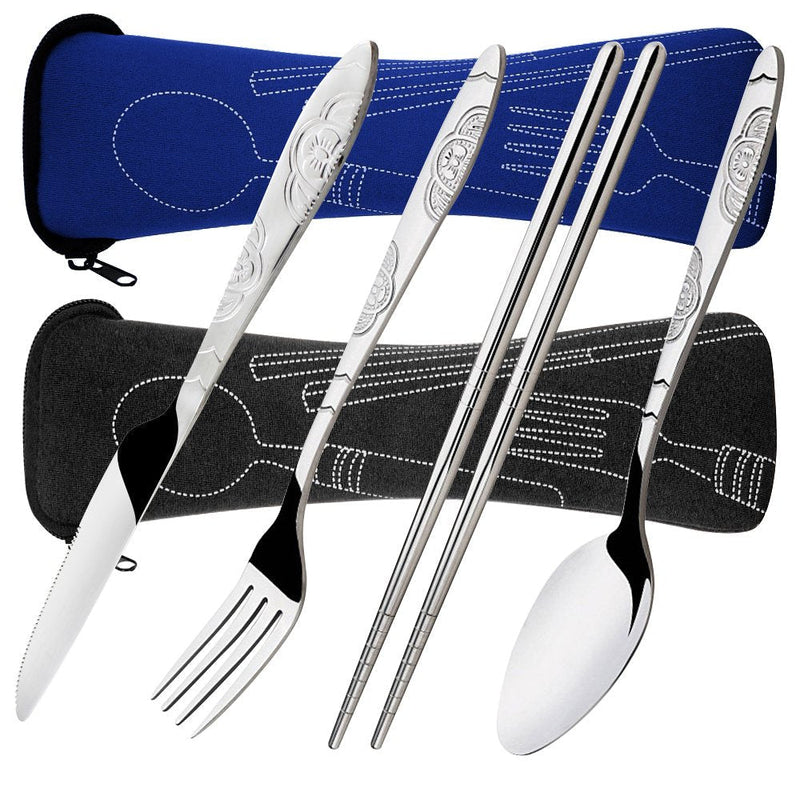 [Australia - AusPower] - SENHAI 8 Pieces Flatware Sets Knife, Fork, Spoon, Chopsticks, 2 Pack Rustproof Stainless Steel Tableware Dinnerware with Carrying Case for Traveling Camping Picnic Working Hiking Dark Blue,Black 