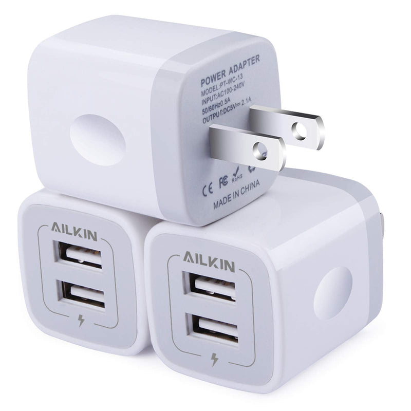 [Australia - AusPower] - Wall Charger, 3Pack 5V/2.1A AILKIN 2-Port USB Wall Charger Home Travel Plug Power AC Adapter Fast Charging Block Cube for iPhone 13 12 SE 11Pro Max XS XR 8 7 Plus, Samsung Galaxy, Google Pixel, LG Box White 