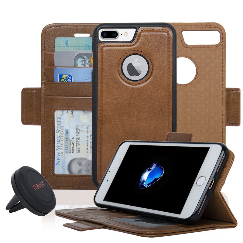 [Australia - AusPower] - Navor Detachable Magnetic Wallet Case and Universal Car Mount Compatible for iPhone 7 Plus [RFID Protection] [Vajio Series] -Brown Brown 