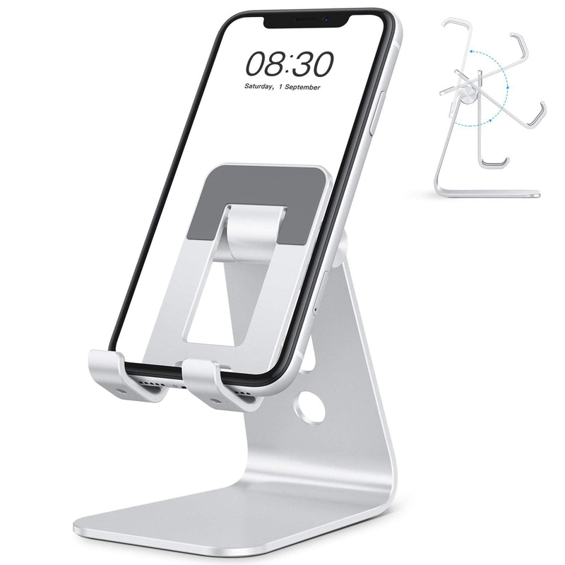 [Australia - AusPower] - OMOTON C3 Cell Phone Stand for Desk, Larger and Exceptionally Stable, Adjustable Phone Cradle Holder with Bigger Body & Longer Arm, Compatible with iPhone, Tablets (7-10") and More, Silver 