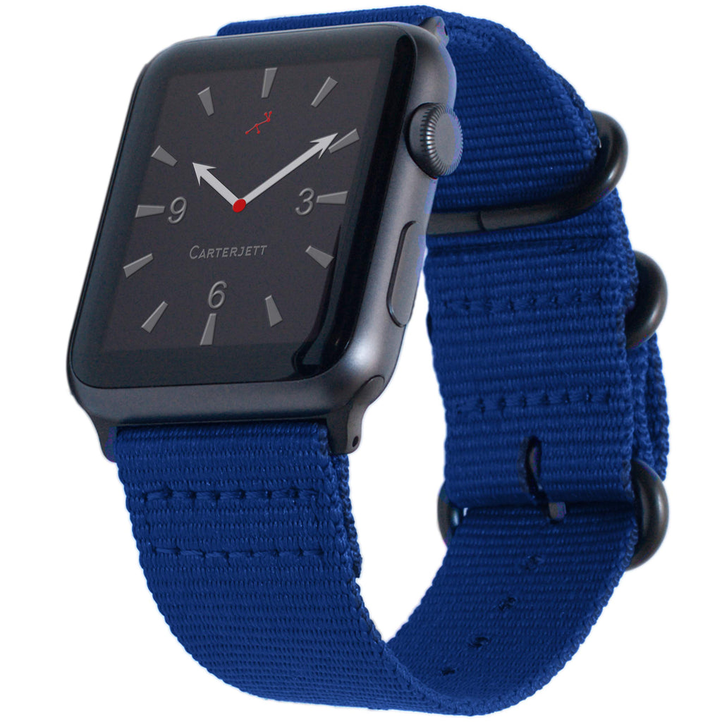 [Australia - AusPower] - Carterjett Compatible with Apple Watch Band 44mm 42mm Nylon Sport iWatch Bands Replacement Woven Canvas Military Style Strap Rugged Steel Adapters Buckle for Series 6 5 4 3 2 1 Nike Sport (44 42 S/M/L Blue) Blue Nylon w/ Gray hardware 