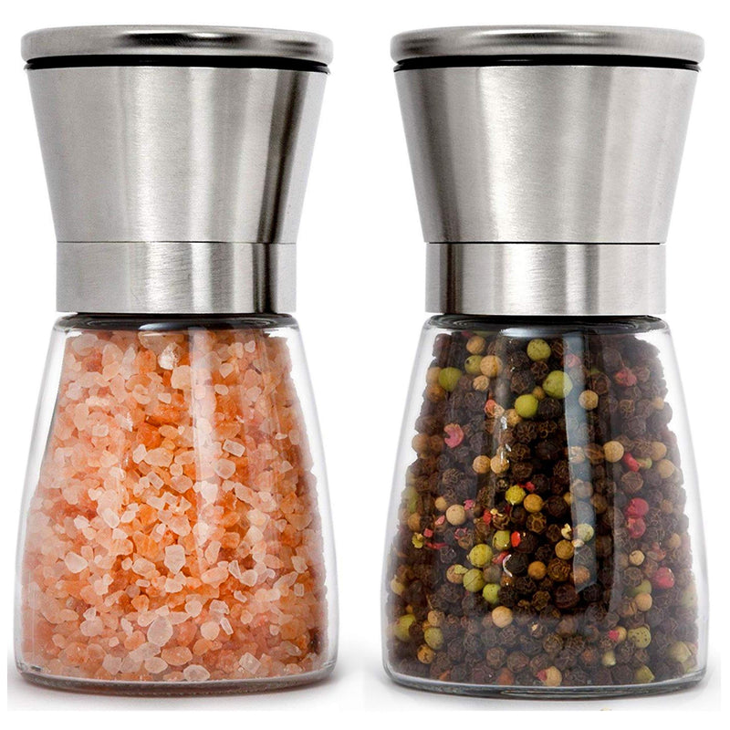 [Australia - AusPower] - HOME EC Premium Stainless Steel Salt and Pepper Grinder Set of 2 - Adjustable Ceramic Sea Salt Grinder & Pepper Grinder - Glass Salt and Pepper Shakers - Pepper Mill & Salt Mill W/Funnel & EBook ClearSilver 