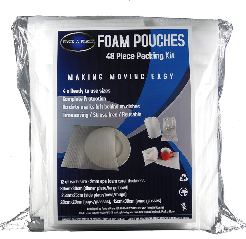 [Australia - AusPower] - Pack a Plate Foam Pouches 4 in 1 Packing Kit (48 Pack) 12 x 4 Various Sizes, Safely Wrap Dishes, Ideal for Glass Packing / Protect Dishes & Fragile Items with QUALITY Foam Pouch Moving Supplies 