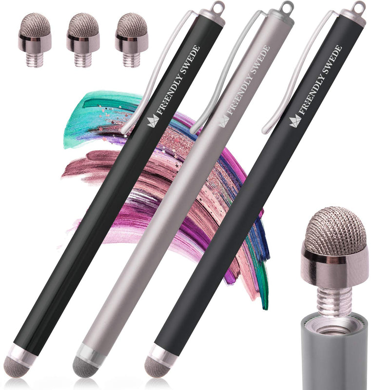 [Australia - AusPower] - The Friendly Swede Stylus Pens for Touch Screens - Micro-Knit Mesh Tip Capacitive Stylus Pen for Tablets and Phone, with Replaceable Fiber Tip Design (3 Pack) Matte Black + Black + Grey 