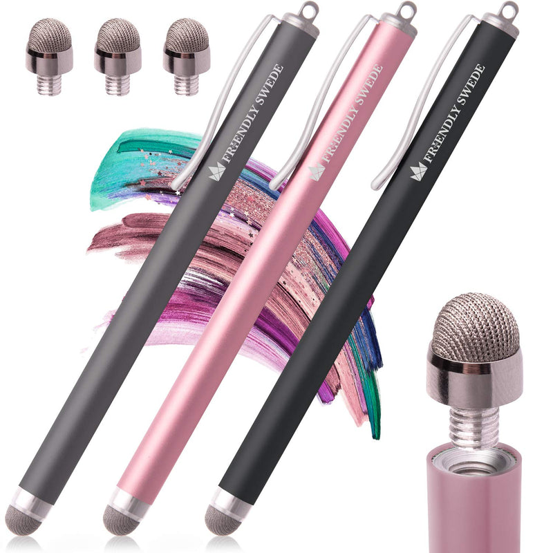 [Australia - AusPower] - The Friendly Swede Stylus Pens for Touch Screens - Micro-Knit Mesh Tip Capacitive Stylus Pen for Tablets and Phone, with Replaceable Fiber Tip Design (3 Pack) Pink + Black + Grey 