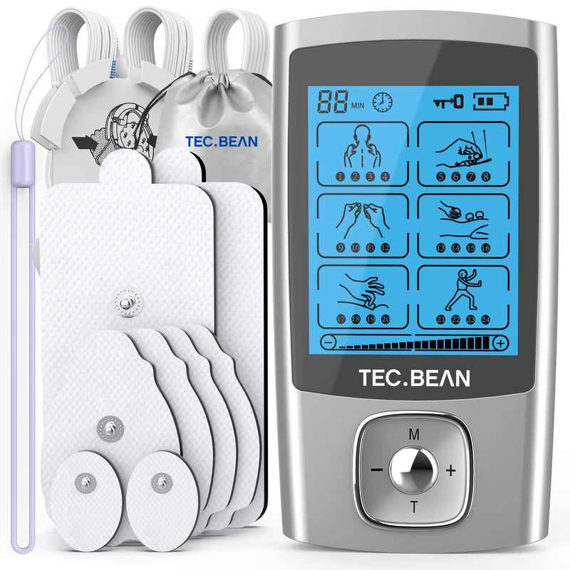 [Australia - AusPower] - TEC.BEAN 24 Modes TENS Unit Muscle Stimulator, Rechargeable TENS Machine with 8 Electrode Pads (American Gel), Electric Pulse Massager for Pain Relief Therapy 