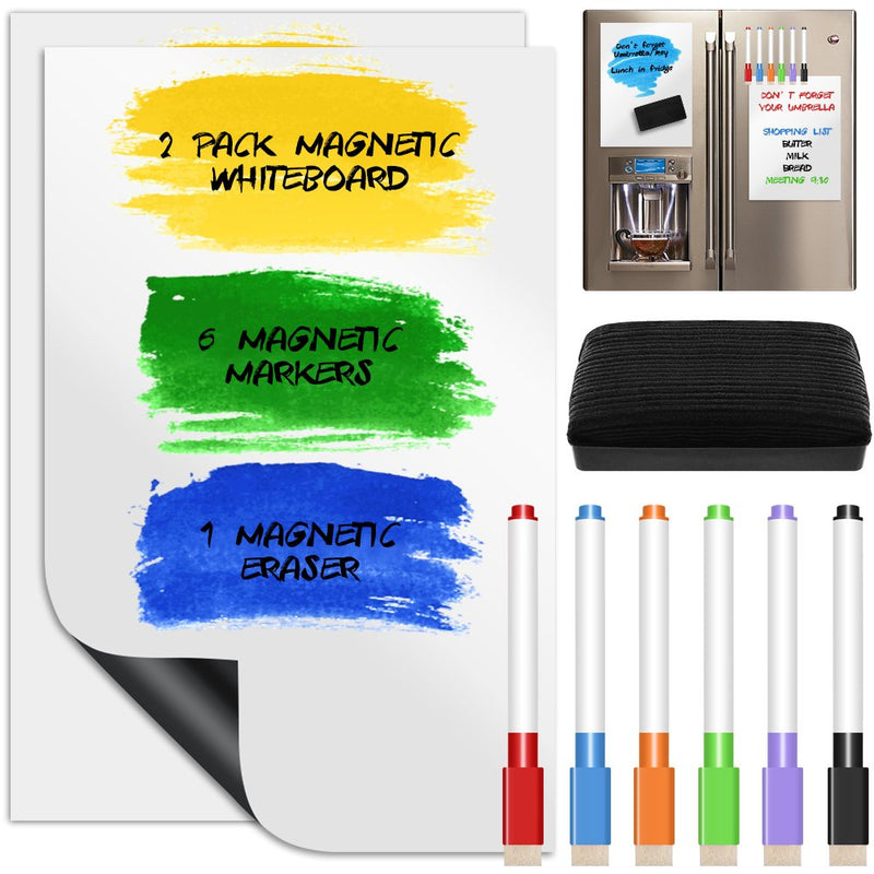 [Australia - AusPower] - 2 Pack Magnetic Dry Erase Whiteboard Sheets, YuCool Calendar Message Board for Kitchen Fridge/Refrigerator Student Kids Teacher, with 6 Colors Markers and a Board Eraser,Upgraded 8 x 12 inch - White 