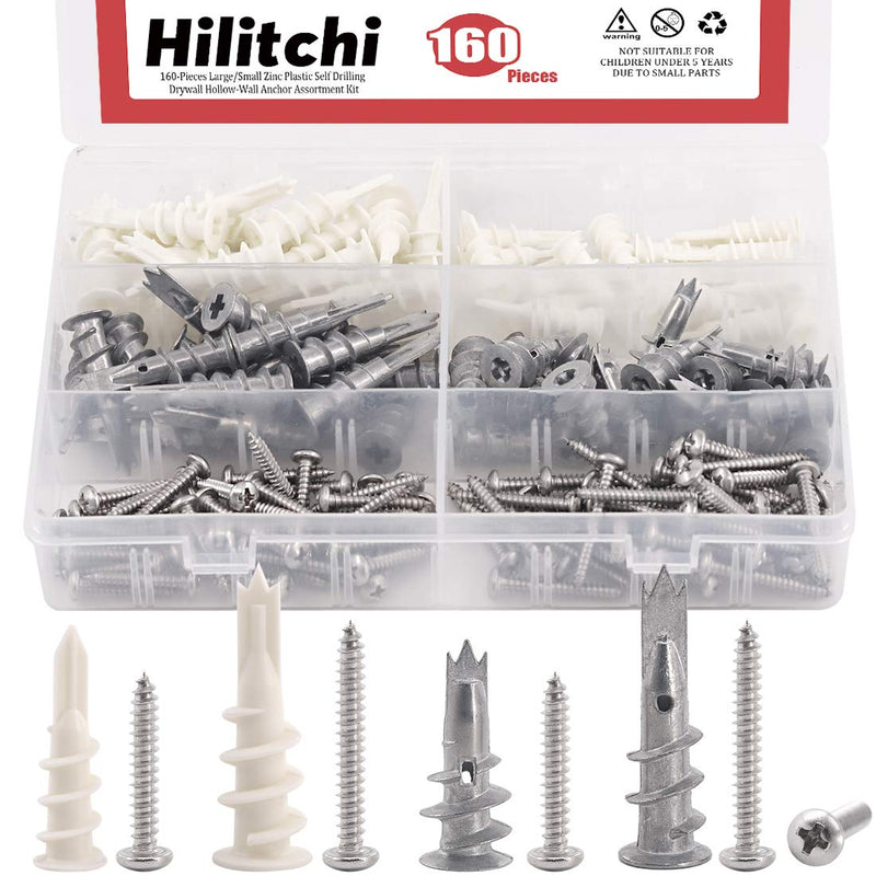[Australia - AusPower] - Hilitchi 160-Pieces Large/Small Zinc Plastic Self Drilling Drywall Hollow-Wall Anchor Assortment Kit 