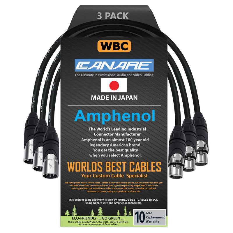 [Australia - AusPower] - 3 Units - 1 Foot - Canare L-4E6S, Star Quad Balanced Male to Female Microphone Cables with Amphenol AX3M & AX3F Silver XLR Connectors - Custom Made by WORLDS BEST CABLES 