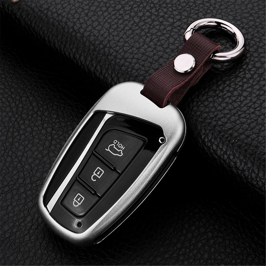 [Australia - AusPower] - MissBlue Car Key Fob Cover for Hyundai Grand Santa Fe ix45 Genesis Equus Remote Key Engine Start Stop, Mirror Back Design Car Key Case Cover, Aircraft Aluminum + Genuine Leather Keychain - Silver 