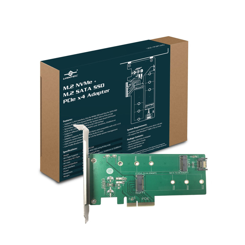 [Australia - AusPower] - Vantec M.2 NVMe + M.2 SATA SSD PCIe x4 Adapter (UGT-M2PC200), Green 1x M.2 NvMe, 1x M.2 SSD 