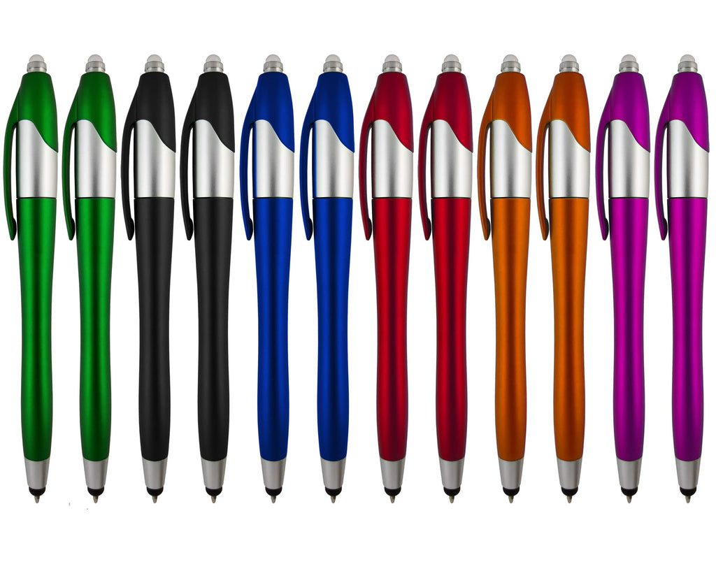 [Australia - AusPower] - Stylus Pen, 3-1 Multi-Function, Ball Point Black Ink Pen, Capacitive Stylus for Touchscreen Devices, LED Flashlight, Medical Pen Light,for Home,Work,Doctors, and Nurses (12 Pack, Multi-Color) 12 Pack 