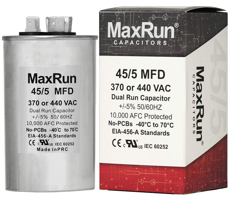 [Australia - AusPower] - MAXRUN 45+5 MFD uf 370 or 440 Volt VAC 45/5 Microfarad Dual Run Capacitor for Air Conditioner or Heat Pump - Runs AC Motor and Fan - 5 Year Warranty 