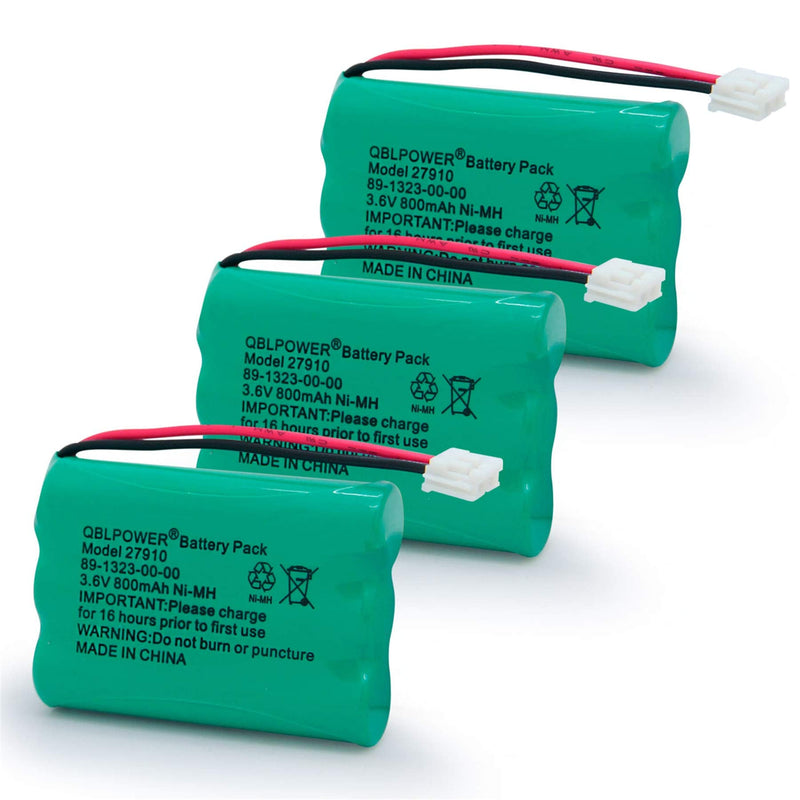 [Australia - AusPower] - QBLPOWER 3.6V 800mAh 27910 Cordless Phone Battery Rechargeable 89-1323-00-00 E1112 E2801 TL72108 SD-7501 23-959 Cordless Handsets (Pack of 3) 