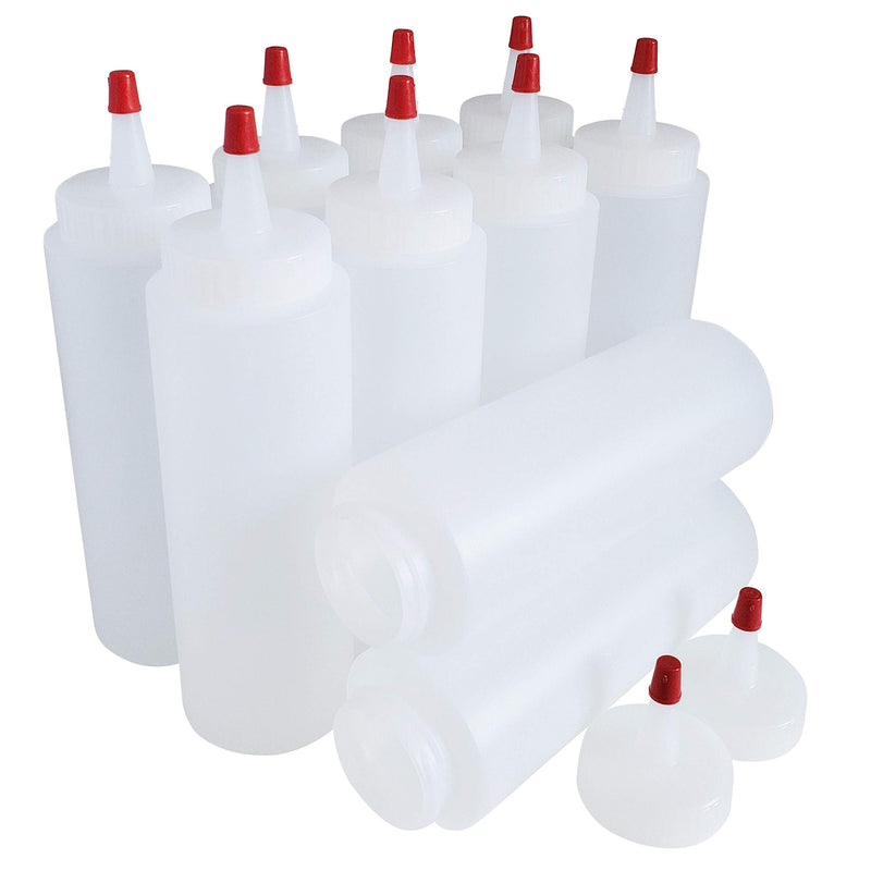 [Australia - AusPower] - kelkaa 8oz HDPE Plastic Squeeze Bottles with Wide Mouth Opening, Red Tip Yorker Caps with 0.030 Orifice for Condiments and Any Thick Liquids Products, Refillable Empty Bottles (Pack of 10) 