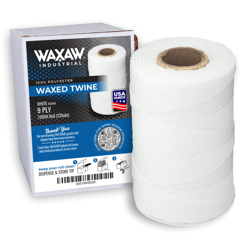 [Australia - AusPower] - 9-Ply Waxed Twine 160 LBS Tensile Strength 1,005 feet roll (335 Yards) | 100% Polyester | White Cable Tie Down Wax Lacing Cord | USA Made 1-pack 