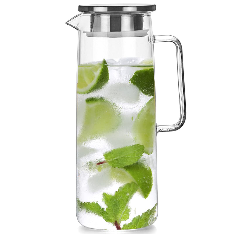 [Australia - AusPower] - Cupwind 50oz Glass Water Pitcher with Tight Stainless Steel Lid, Glass Pitcher with Handle, Easy Clean Thicker Heat Resistant Borosilicate Glass Jug for Iced Tea, Juice, Coffee, Cold or Hot Beverages David-Stainless Steel Lid-1500ML 