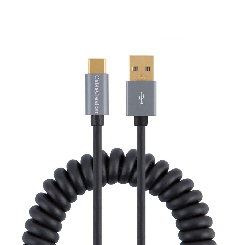 [Australia - AusPower] - USB C to A Cable, CableCreation Coiled USB to USB C 3A Fast Charging and Data Cable, Stretched 0.6-4 Feet, Compatible with Galaxy S22 Ultra S20 S10, Note 10 9, Pixel 4XL, Black with Aluminum Shell 4ft C-A 