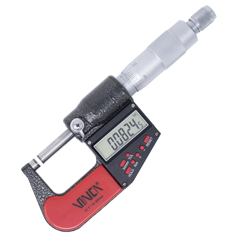 [Australia - AusPower] - VINCA DMCA-0105 Digital Outside Micrometer with Carbide Tip 0-1"/0-25mm Measuring Range 0.00005" /0.001 mm Resolution Red Black Precision Machinist Tool 0-1"/25mm 
