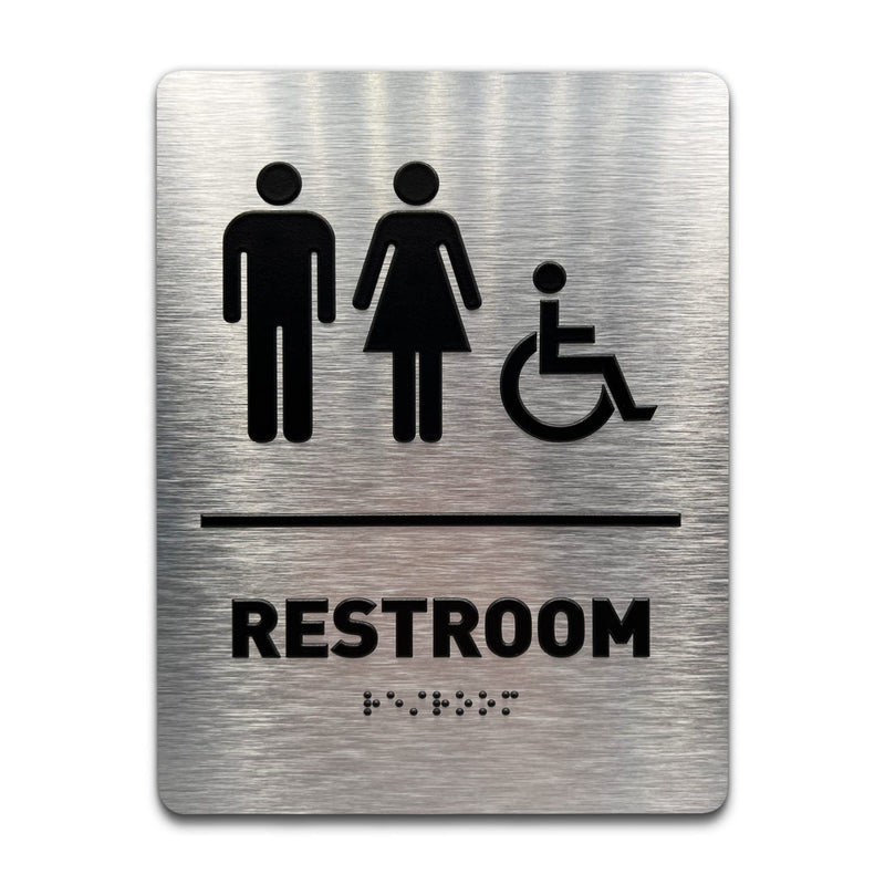 [Australia - AusPower] - Unisex/Wheelchair Bathroom Sign by GDS - ADA Compliant, Wheelchair Accessible, Raised Icons, & Grade 2 Braille - Includes Adhesive Strips for Easy Installation - Modern Restroom Signs for Offices, Businesses, & Restaurants - 6" W x 8" H (Brushed Alumin... 