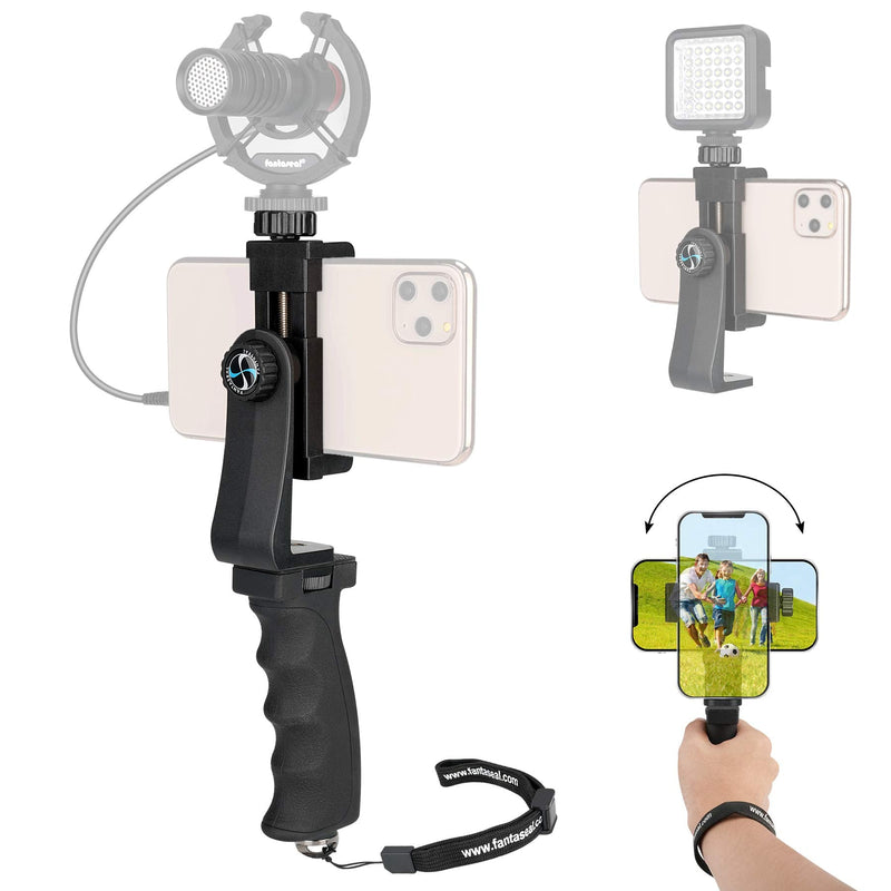 [Australia - AusPower] - Ergonomic Anti-Falling Cell Phone Vlogging Hand Grip Stabilizer Smartphone Holder Rig Mount Video Kit w/ Safety Strap Portable Selfie Stick for iPhone Samsung (Landscape+Portrait)-Mic /Light Adapter 