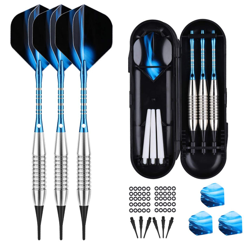 [Australia - AusPower] - sanfeng Darts Plastic Tip Set - 18g Soft Tip Darts - Nickel Plated Silver Dart Barrel 16 Grams + 50 Anti-Loose O-Rings + 6 Shaft (Aluminum/Nylon 45mm) + 6 Flights + Extra 50 Soft Tips Electronic Dart Blue-DARTB 