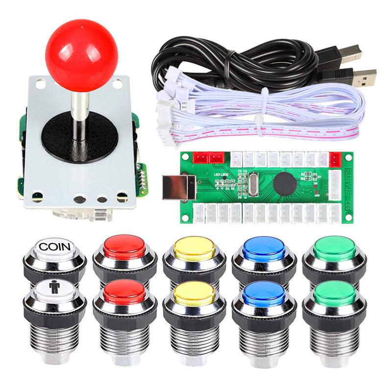 [Australia - AusPower] - EG STARTS Arcade DIY Kit USB Encoder To PC Joystick + 8 Ways 5 Pin Stick + Chrome Plated LED Illuminated Push Button 1 Player & Coin Buttons For Arcade Mame Raspberry Pi 2 3 3B Games 