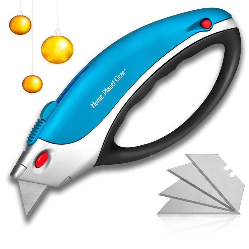 [Australia - AusPower] - Box Cutter Retractable Utility Knife - Heavy Duty Box Cutter Knife Cardboard Cutter - Box Opener Razor Blades Utility Knife - Box Knife Carpet Cutter with 5 Sharp Blades Blue 