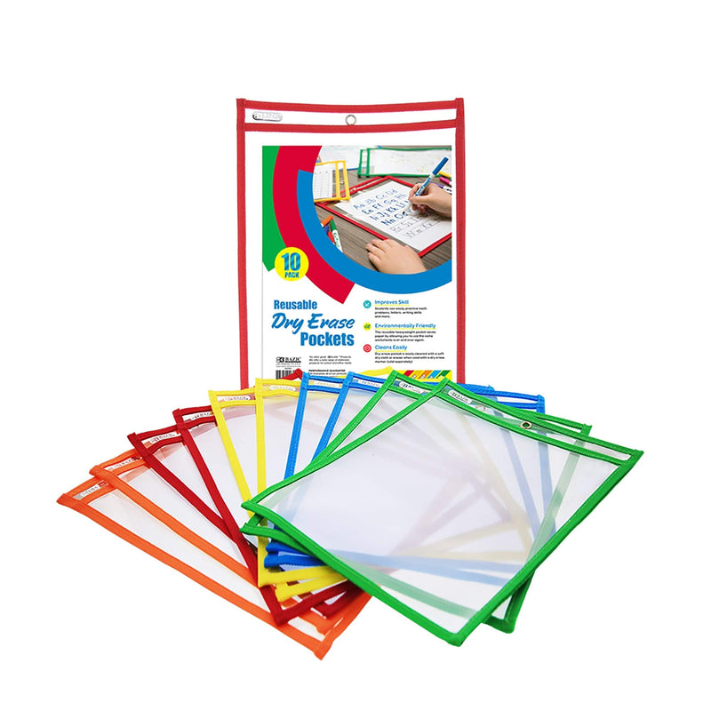[Australia - AusPower] - BAZIC Reusable Dry Erase Pockets 13.5"x10.5", Clear Plastic Sleeves Sheet Protector w/ Ring, for Kids Student School Teacher Supplies, Total 10 Count 5 Assorted Colors 10-count 