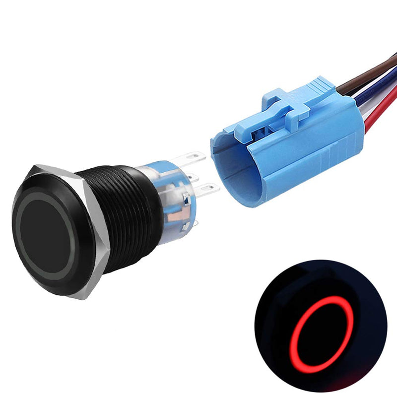 [Australia - AusPower] - 19mm Latching Push Button Switches SPDT ON/Off Waterproof Black Metal 12V Ring LED with Wire Plug (Red) Red 