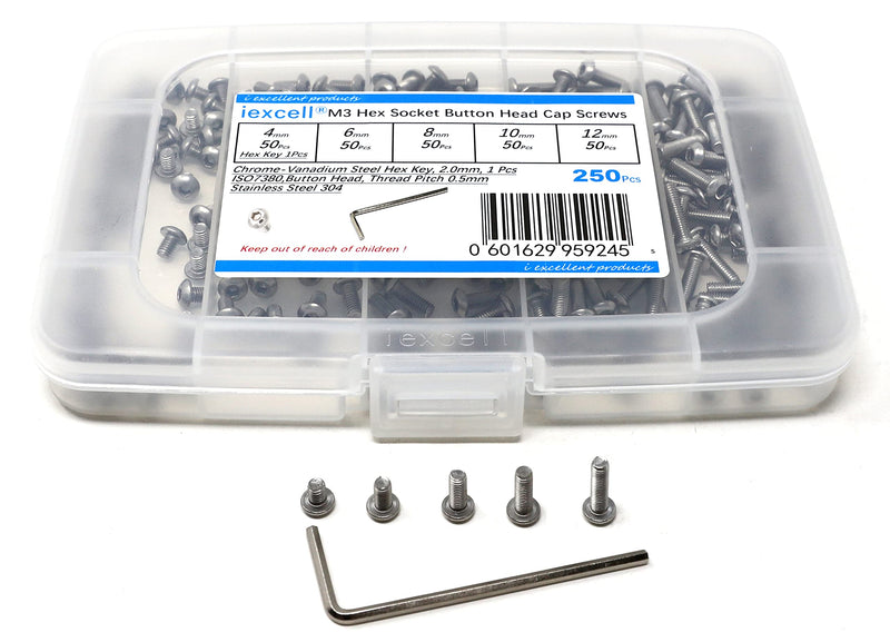 [Australia - AusPower] - iExcell 250 Pcs M3 x 4/6/8/10/12 mm Stainless Steel 304 Hex Socket Button Head Cap Screws Bolts Assortment Kit M3-P0.5 x 4/6/8/10/12 mm 