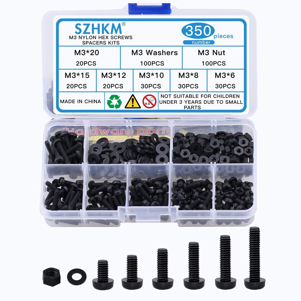 [Australia - AusPower] - SZHKM M3 Nylon Bolts and Nuts Assortment Plastic Hex M3 Screws and Nuts M3 Nylon Hardware Kit Black 350PCS 