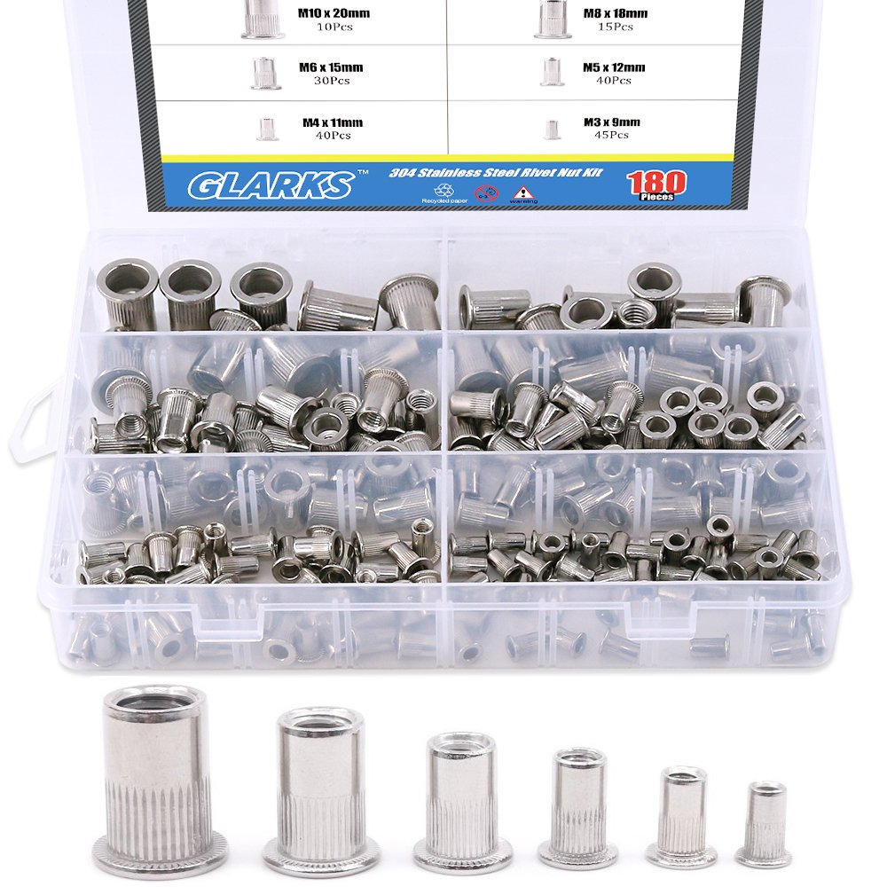 [Australia - AusPower] - Glarks 180Pcs 304 Stainless Steel Flat Head Threaded Rivetnut Insert Nutsert Rivet Nut Assortment Kit - M3 M4 M5 M6 M8 M10 