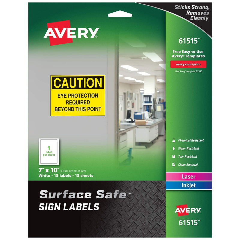 [Australia - AusPower] - Avery Surface Safe Safety Sign Labels, Printable, Cleanly Removable, Water Resistant, 7 x 10, 15 Pack (61515) 7" x 10" White 