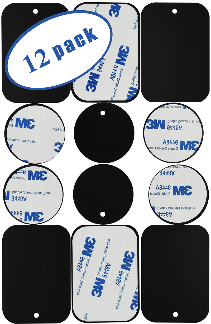 [Australia - AusPower] - Universal Metal Plates with 3M Adhesive for All Magnetic Car Mounts, Cell Phone, Tablet Holder, Cradle-Less, Air Vent Mount, 6 Rectangular, 6 Round, Black (Not a Magnet) 