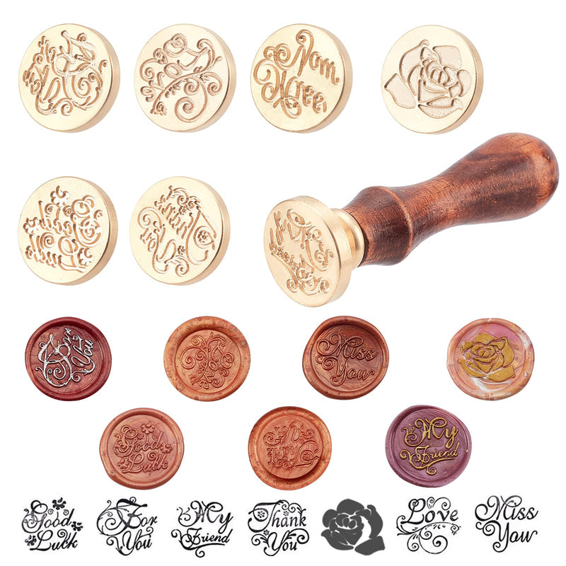 [Australia - AusPower] - PH PandaHall Wax Seal Stamp Set with 7 Piece Sealing Wax Stamp Brass Heads and 1 Pieces Wooden Hilt Handle for Christmas Valentine's Day, Mother's Day, Thanksgiving Envelopes, Invitations, Packages 7PCS Wax Seal Stamp 