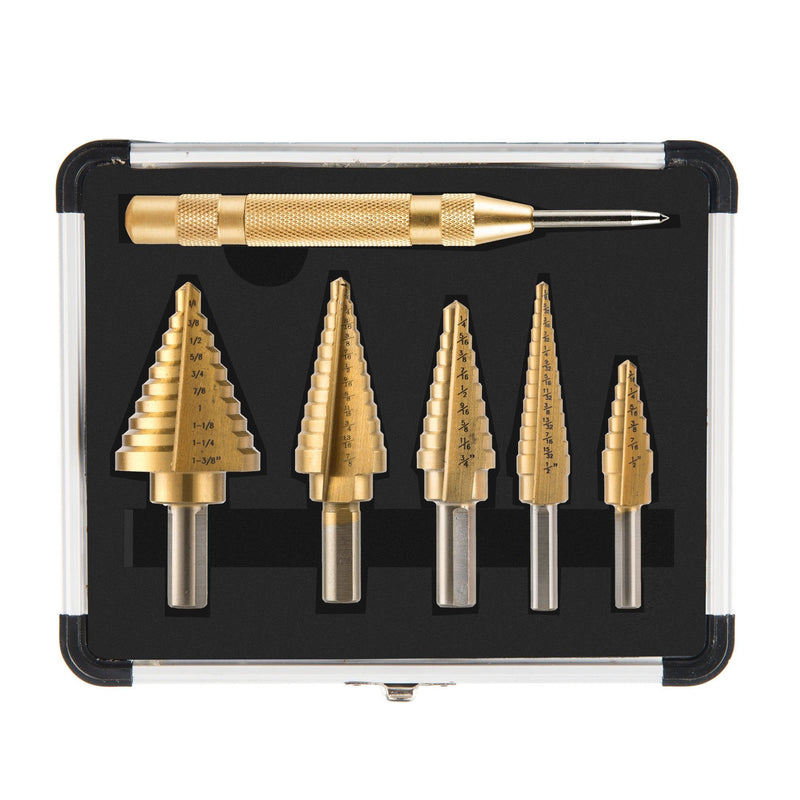 [Australia - AusPower] - ZELCAN HSS 5PCS Titanium Step Drill Bit Set with Automatic Center Punch, 50 Sizes in 5 High Speed Steel Drill Bits Set for Sheet Metal with Aluminum Case, Multiple Hole Stepped Up Bits for DIY Lovers 