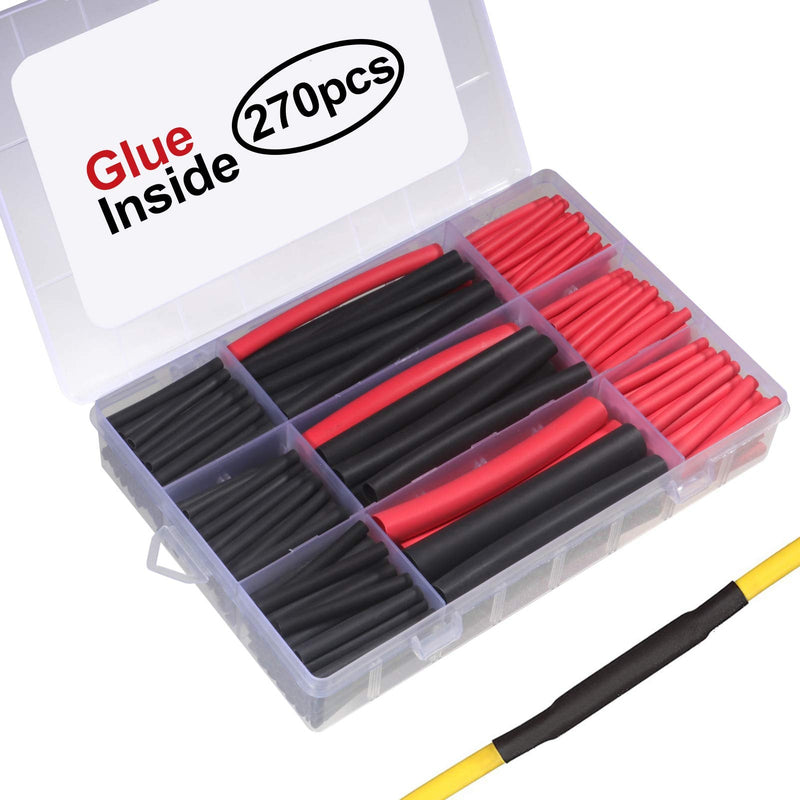 [Australia - AusPower] - 270pcs 3:1 Dual Wall Adhesive Heat Shrink Tubing Kit, 5 Sizes (Diameter): 3/8, 1/4, 3/16, 1/8, 3/32 inch, Marine Wire Cable Sleeve Tube Assortment with Storage Case for DIY by MILAPEAK (Black & Red) 