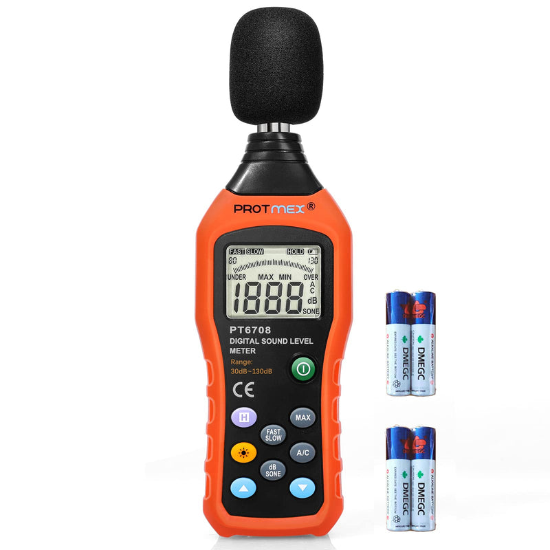 [Australia - AusPower] - Protmex Sound Level Meter, Dual Mode db Meter Decibel Meter Noise Level Meter 30-130dB Measure with Fast/Slow Selection, Backlight, Max and Data Hold Function, A/C Mode PT6708(Batteries Included) 