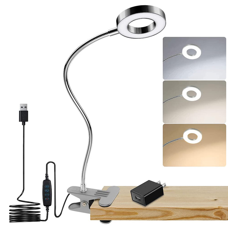 [Australia - AusPower] - DLLT Dimmable Clip on Reading Light, 48 LED USB Bed Night Lights with 3 Colors, 15 Brightness Level Book Light Flexible Clamp for Makeup Mirror, Desk, Bedside, Headboard, Piano, Computer Light(Silver) Silver 