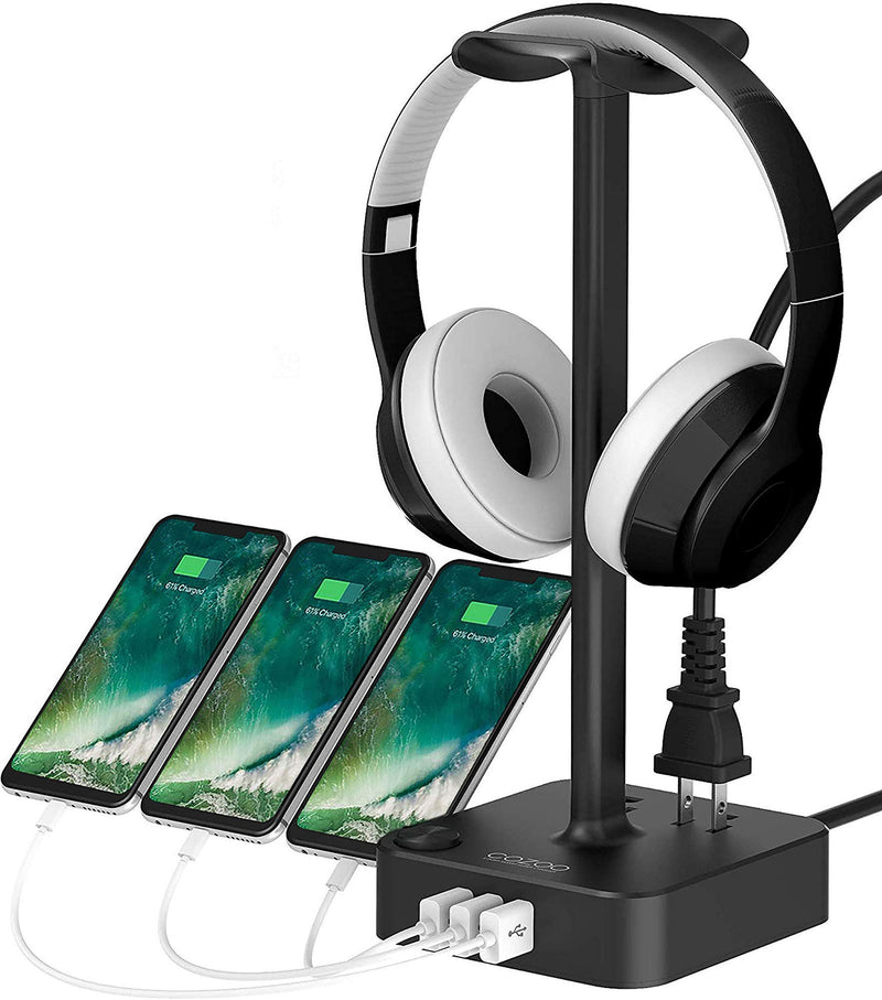 [Australia - AusPower] - Headphone Stand with USB Charger COZOO Desktop Gaming Headset Holder Hanger with 3 USB Charger and 2 Outlets - Suitable for Gaming, DJ, Wireless Earphone Display (Black) 1.Black 