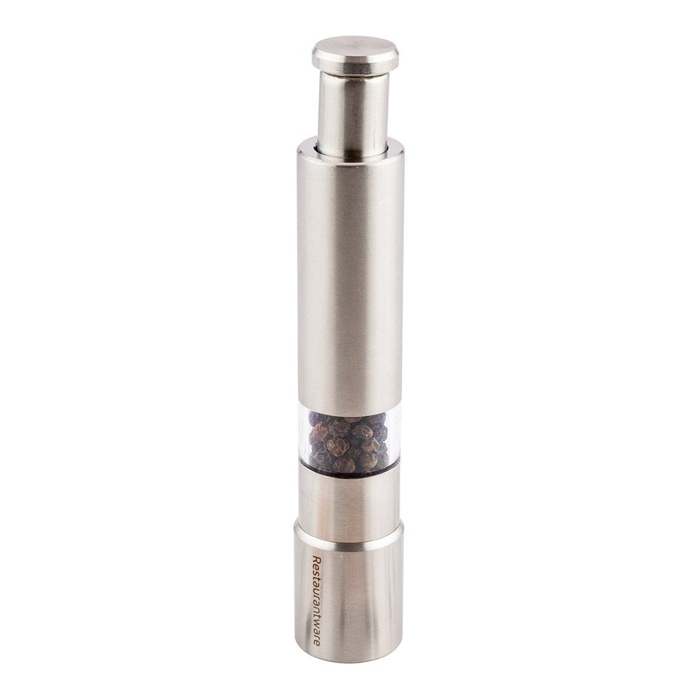 [Australia - AusPower] - Stainless Steel Push Top Salt and Pepper Grinder: Perfect for Restaurants, Cafes, and Catering Events - Spring Action Salt and Pepper Mill - Simple, One Hand Thumb Push to Use - 1-CT - Restaurantware 